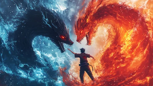 Bilateral elemental dragon clash surrounds lone anime swordsman