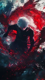 White-haired warrior in red energy vortex, dynamic anime motion