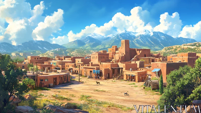 Sunlit adobe village beneath distant snowcapped ranges.