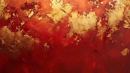 Abstract red and gold textured painting with metallic highlights.