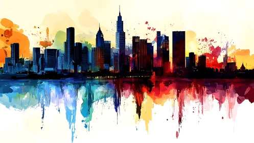 Urban skyline silhouette with multicolor abstract reflection.