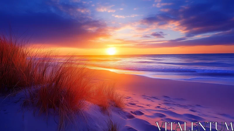 Hyperreal coastal sunset over dune grass and tidal shoreline