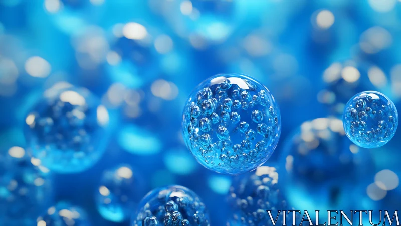 Glowing blue liquid spheres in dreamy macro depth of field.