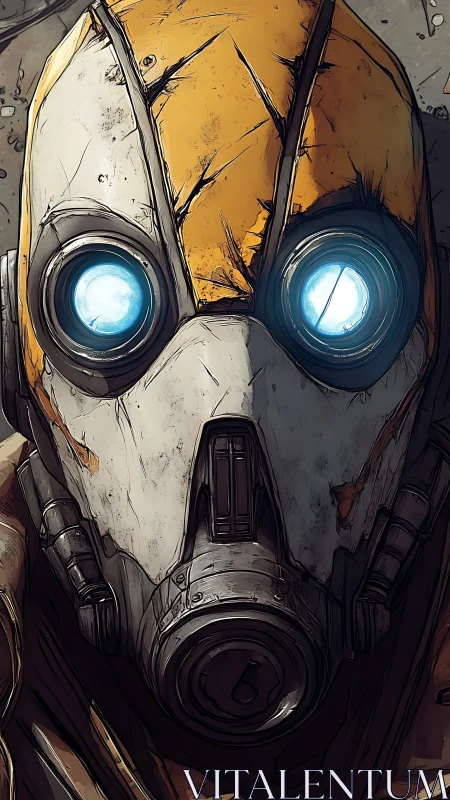 Cel-shaded respirator automaton with luminous optic lenses.