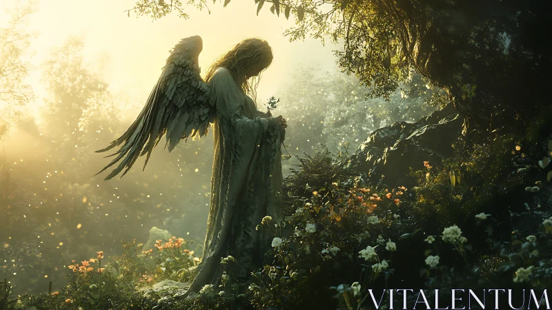 Gentle stone angel rests in a softly glowing forest sanctuary