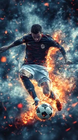 Dynamic flaming soccer striker in explosive 3D action composition.