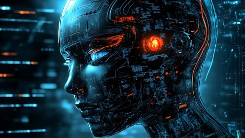 Curious cybernetic mind glowing softly in neon blue light.