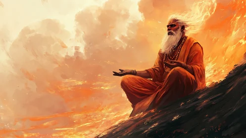 Meditating sage in orange robes amid swirling fiery clouds.
