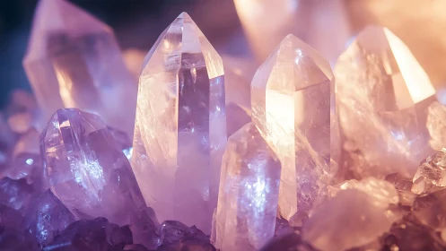 Cluster of translucent quartz crystals under soft lighting.