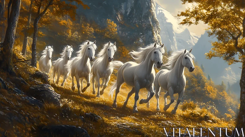 Galloping white horses charge through golden autumn valley.
