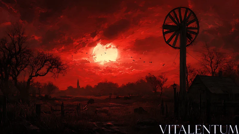 Blood-red sunset over derelict rural farmstead and windmill silhouette