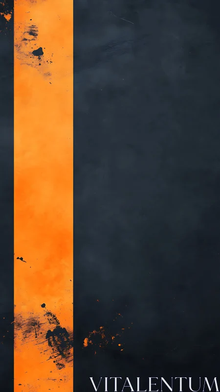 Vertical orange stripe cuts charcoal field, paint-splattered.