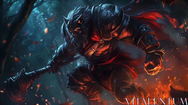 Fierce armored beast warrior charging through blazing fire.