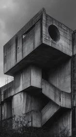 Brutalist concrete structure shows weathered geometric forms