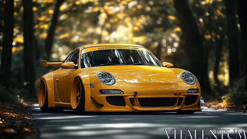 Yellow track-tuned Porsche 911 cuts through forest light.