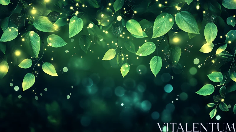 Glowing forest leaves dancing with soft magical fireflies.