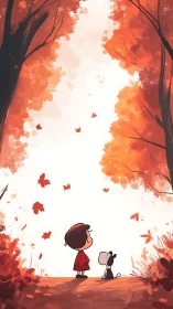 Autumn Reverie: Child and Animal Gazing Through Luminous Canopy