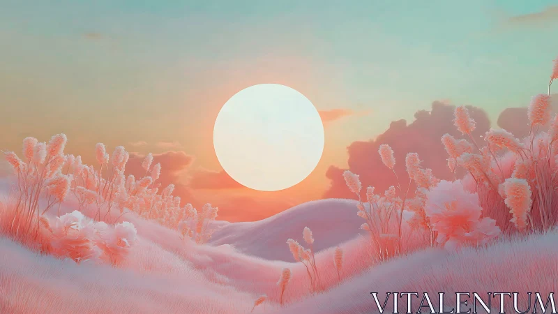 Pastel dreamscape with glowing sun above soft hills.