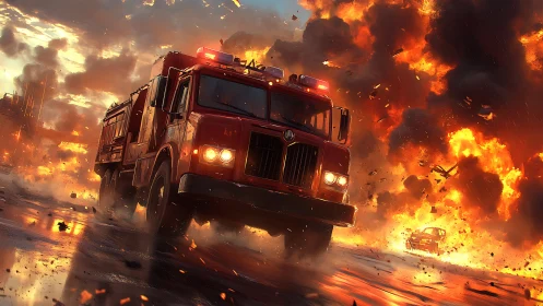 Fire truck navigating intense structural fire scene.