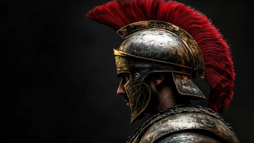 Roman legionary profile shows ornate helmet and scarlet crest