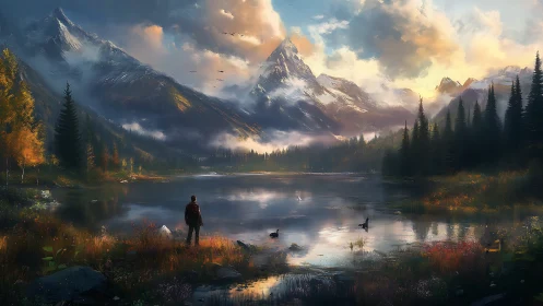 Mountain lake landscape with solitary hiker and waterfowl.