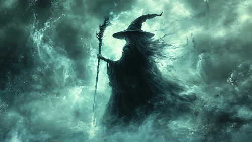 Silhouetted robed figure with staff amid swirling mist field.