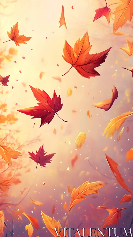 Autumn foliage drifts through soft backlit atmospheric haze