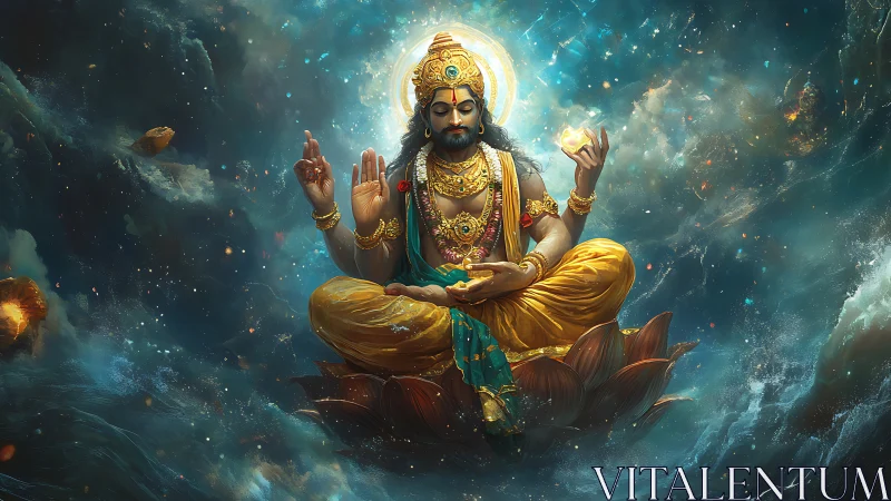 Radiant cosmic deity meditates on lotus amid swirling nebulae.