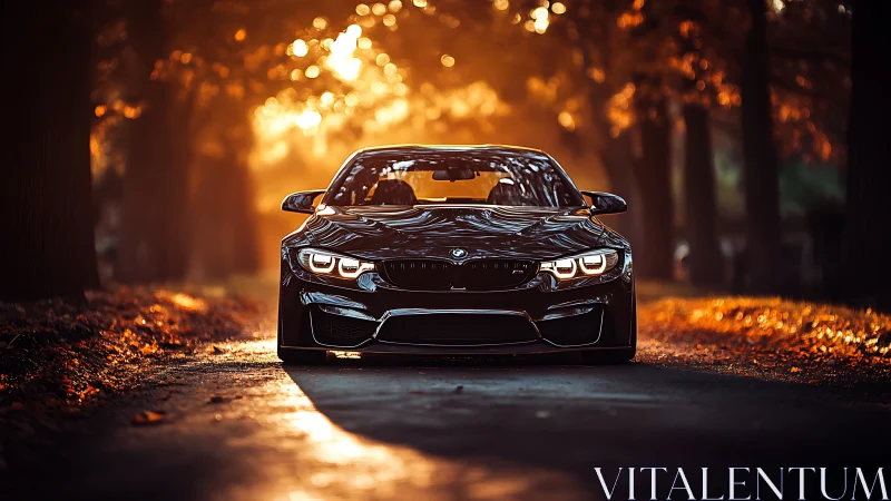 Sporty black car gliding through a golden autumn evening.