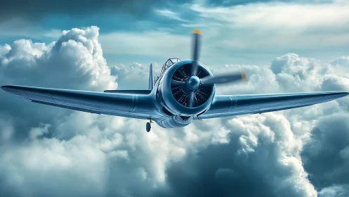 Vintage propeller aircraft cuts through dense sunlit clouds