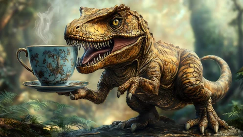 Teatime with a Tiny T-Rex in an Enchanted Forest Setting.