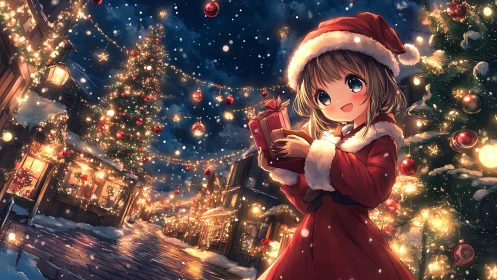 Snowlit gift-bearer under star-splashed Christmas lanes.