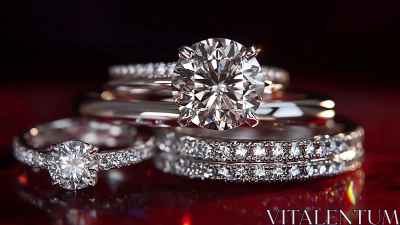 Elegant diamond engagement rings gleam on rich red surface.