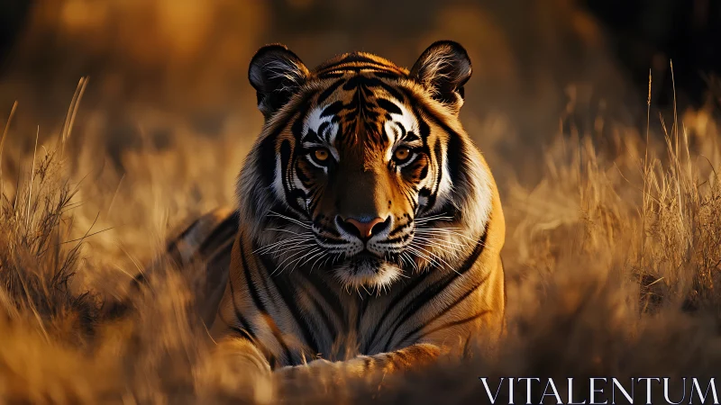 Tiger lies in dry grass under warm directional sunset light