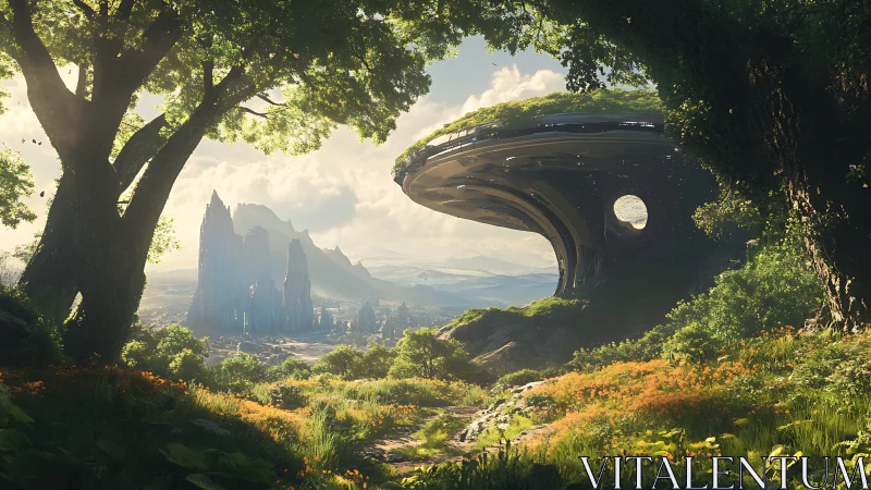 Sunlit forest gateway to a gentle, futuristic valley world.