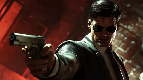 Tactical agent aiming handgun under cinematic red backlight.