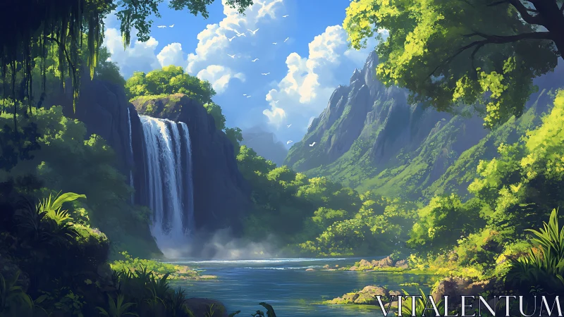 Sunlit jungle waterfall resting in a peaceful green valley.