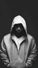 Hooded silhouette carves mystery from monochrome shadow.