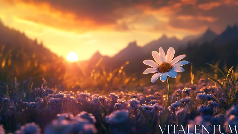 Solitary daisy glows against blazing sunset mountain valley.