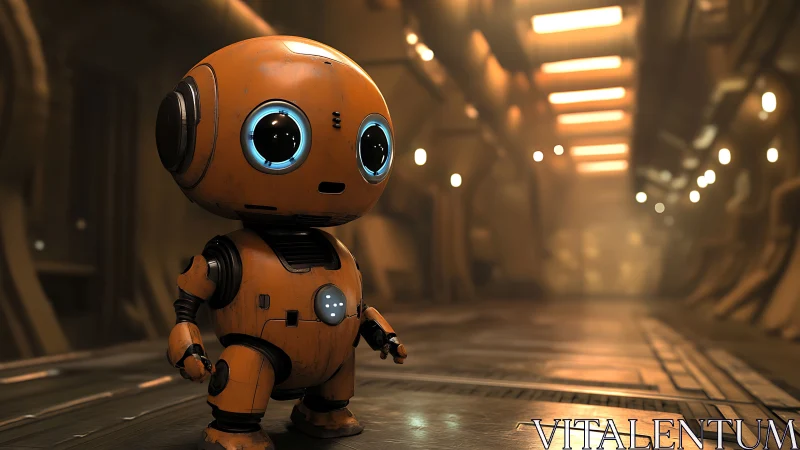 Orange service robot in softly lit sci fi corridor.