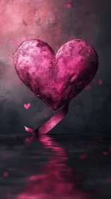 Luminous Pink Heart Held by Fabric Strip Against Dark Background