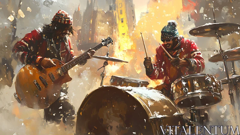 Street musicians perform with bass and drums in winter city