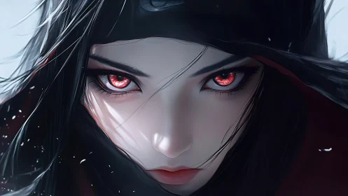 Red-eyed anime assassin glares through swirling winter shadows