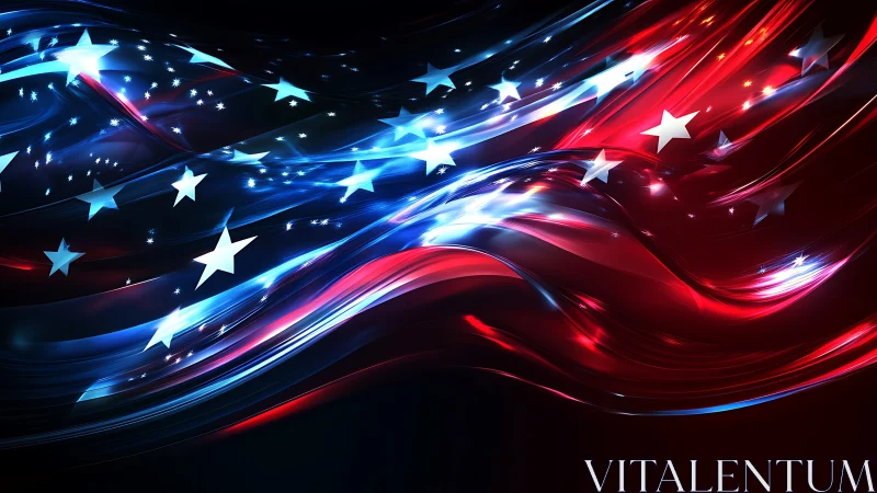 Glowing American flag waves with luminous stars and streaks.