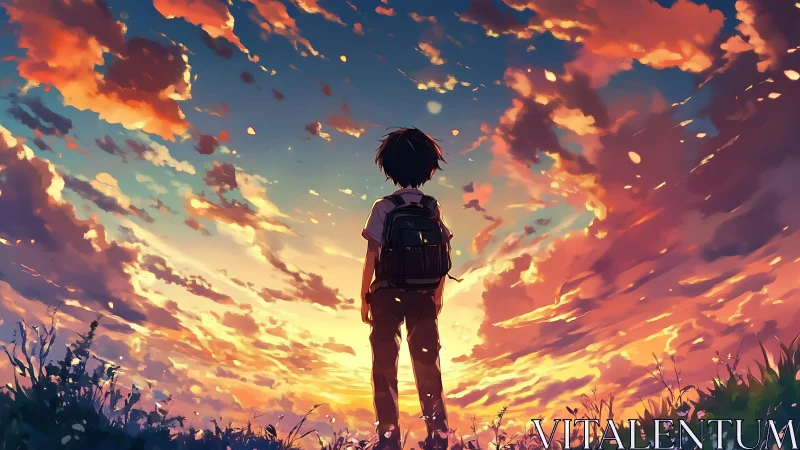 Boy silhouettes against blazing anime sunset skyscape.