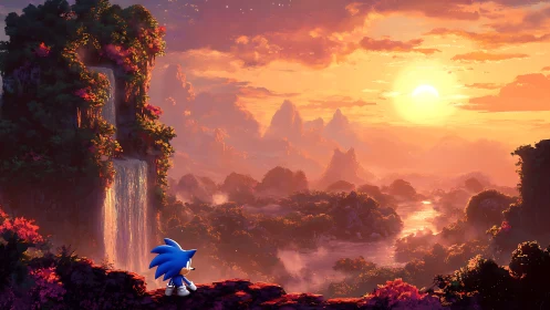 Cartoon hedgehog observes stylized sunset over dense valley