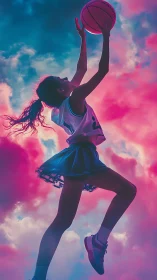 Silhouetted girl jumps for basketball under neon sky.