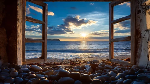 Coastal horizon framed through weathered window aperture.