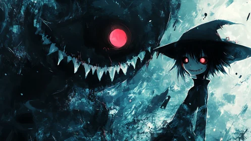 Witch child confronting abyssal monster in cyan haze.