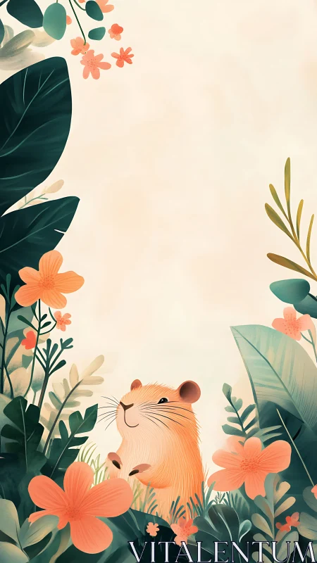Cute hamster illustration in lush floral jungle scene.